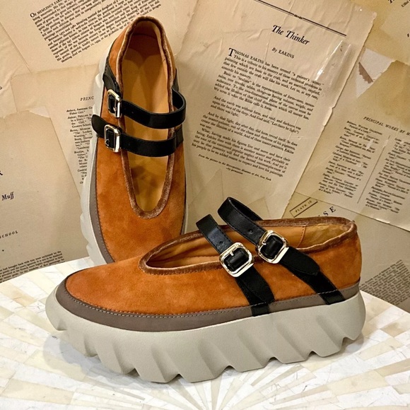 Free People 4CCCCEES Tura Mary Janes Platform Shoe Tan Gold Suede Black - Picture 8 of 12